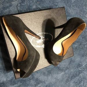 Prada peep toe stiletto heels, gray, sz 36.5